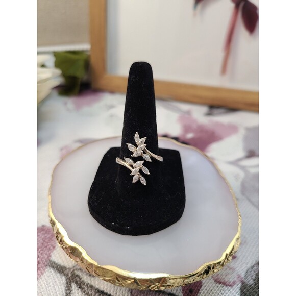 Sterling Silver Leaf Ring Size 8 Adj | Marquise CZ Floral Band Elegant Jewelry - Picture 2 of 6